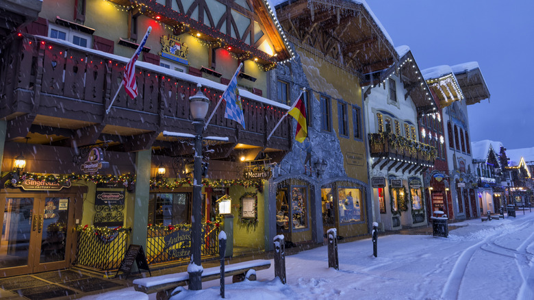 Snow dusts the German-style buildings in the center of Leavenworth, Washington