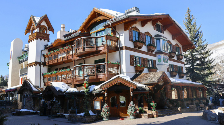 A European style building sits in the middle of Vail ski resort