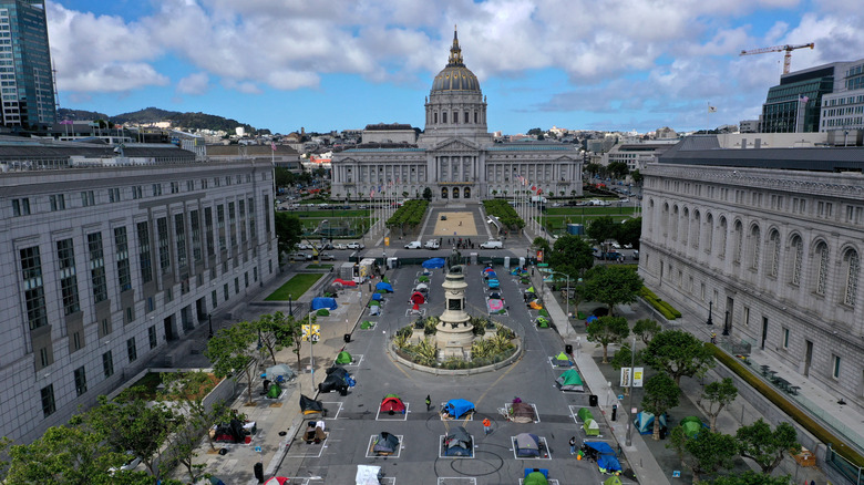 Tents in a parking lot outside of San Francisco's City Hall.