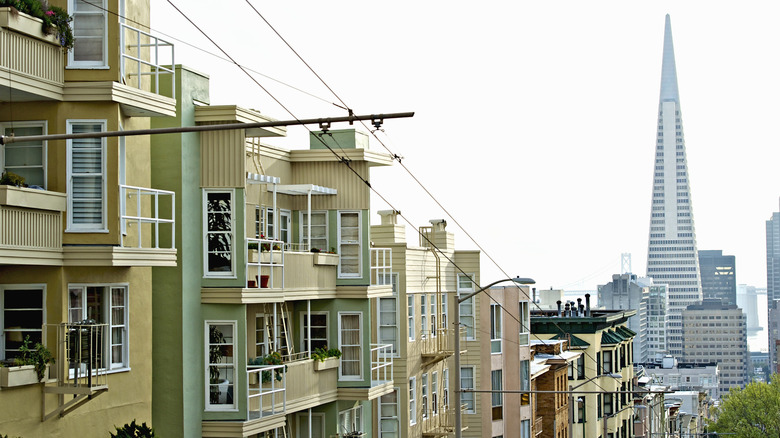Row of houses leading downhill toward Transamerica Tower in San Francisco in the 1980s