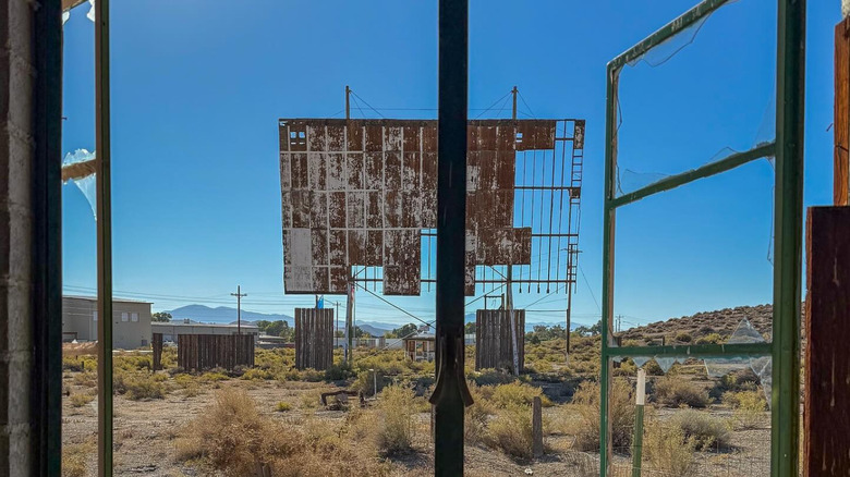 View of the aging outdoor theatre screen at the Sagecrest Drive-In
