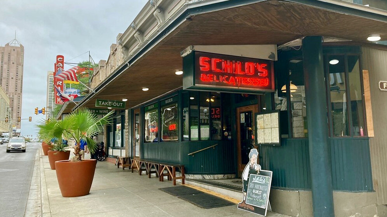 A shot of the neon sign outside of Schilo's in San Antonio, Texas