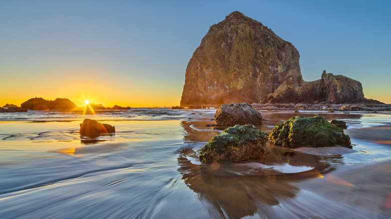 Haystack Rock at Cannon Beach on the Oregon Coast at low tide