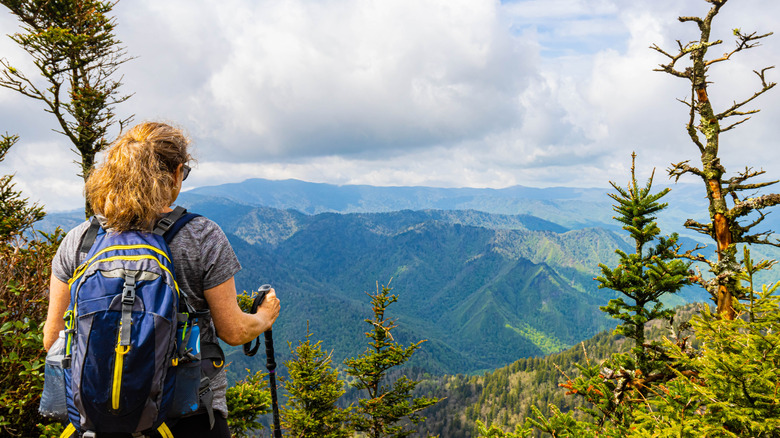 A female hiker gazes out at the peaks and forests of the Great Smoky Mountains National Park