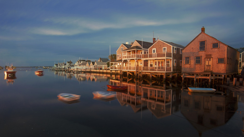 Row of houses on Nantucket Island at sunset