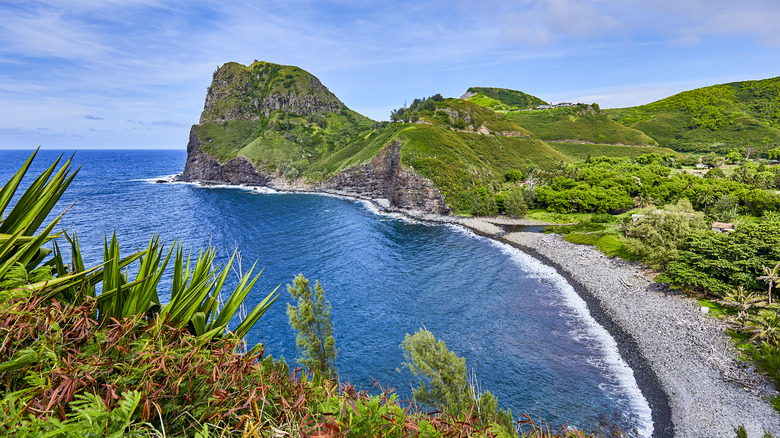 Kahakuloa Head and Kahakuloa stony beach from the Kahekili Highway, Maui,Hawaii,USA