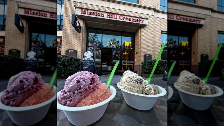 Two bowls of ice cream in front of Mission Hill Creamery