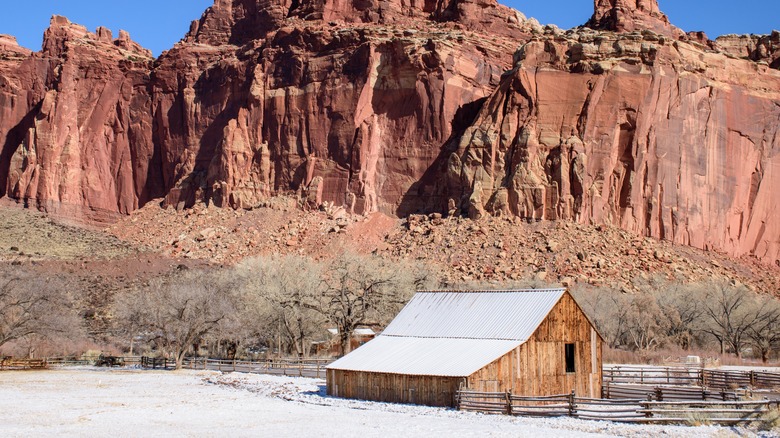 Captivating winter scene of the historic Fruita Barn at Capitol Reef National Park, Utah