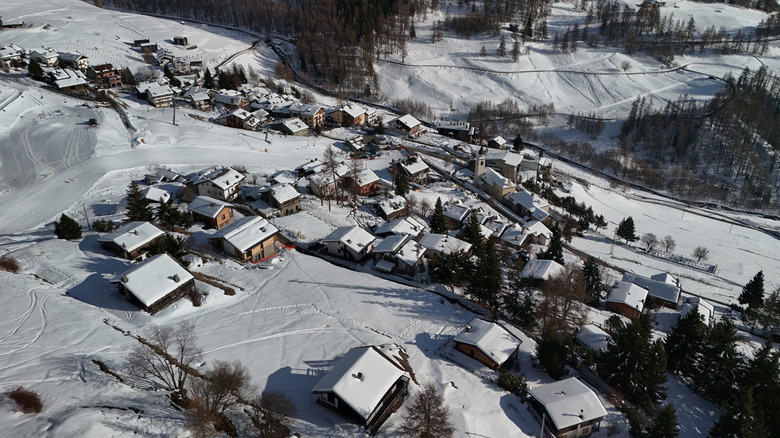 The village of Chamois, Italy, covered in snow