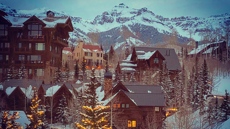 The traditional European style buildings of Mountain Village, CO