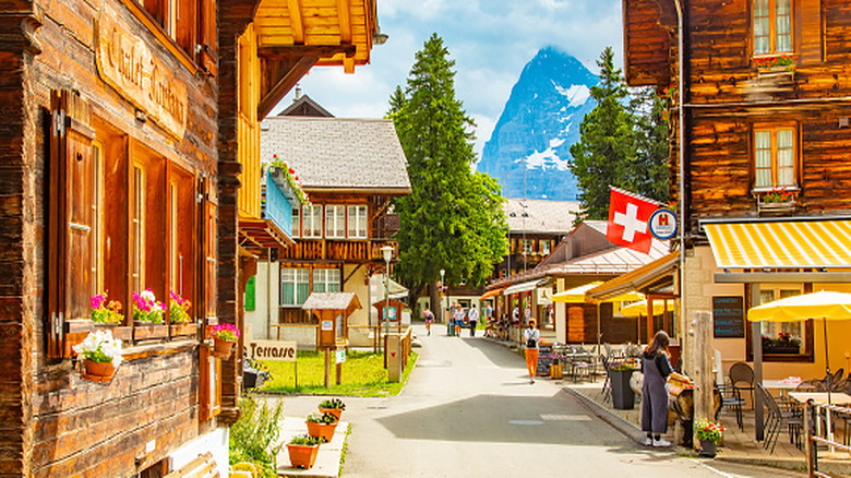 Timber chalets line up in the middle of Mürren, Switzerland