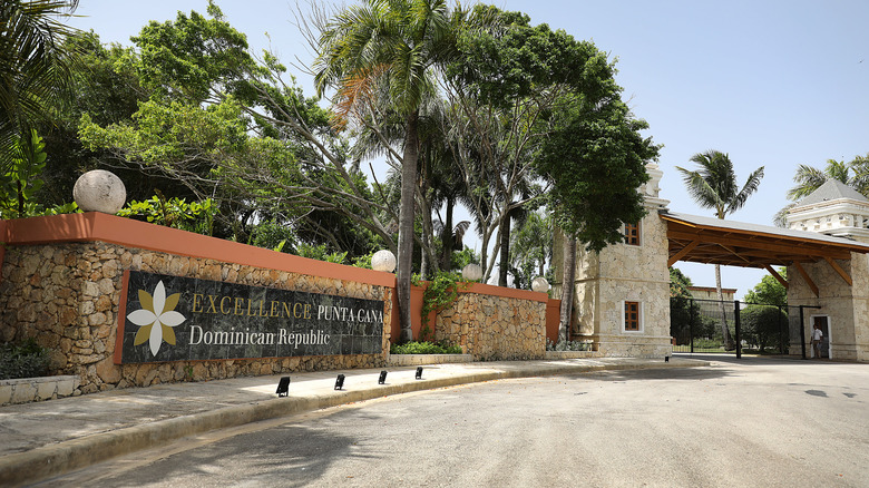 stone entrance to Excellence Punta Cana resort in Dominican Republic
