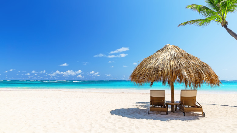 Caribbean beach scene with two lounge chairs, straw hut, and palm tree