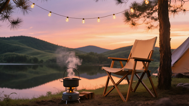 Camping chair and camp stove by a lake at sunset