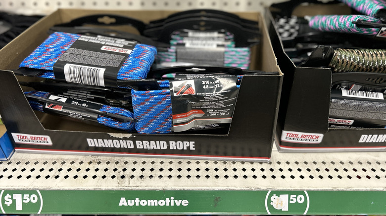 Boxes of colorful rope bundles at Dollar Tree
