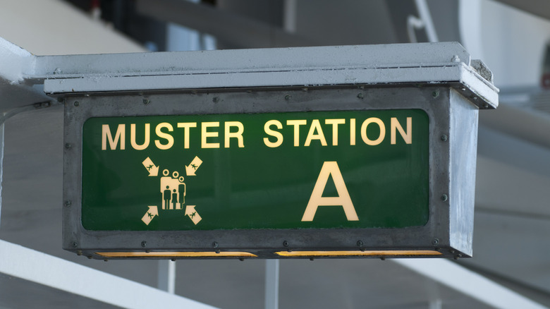 A sign identifying the location of a muster station