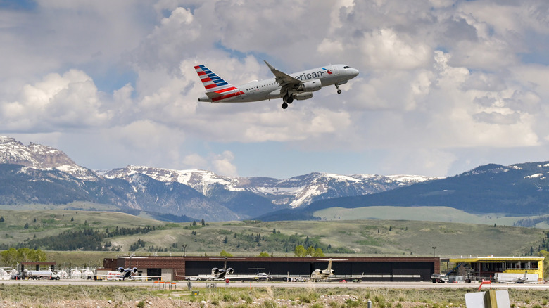 American Airlines plane flies over Jackson Hole airport