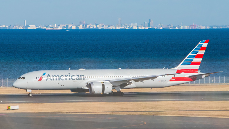 American Airlines plane on a runway at Haneda airport in Tokyo