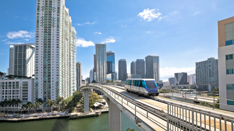 The metromover in Miami traveling over a bridge