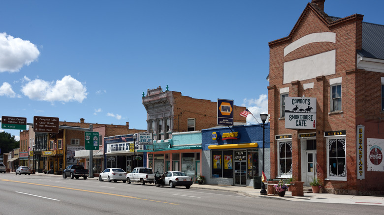 A view of the old brick storefronts of downtown Panguitch, Utah