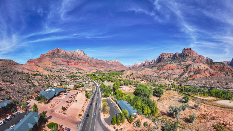 Aerial view of the town of Springdale, Utah