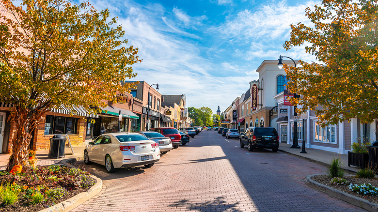 Street view of historic downtown in Woodstock, Illinois