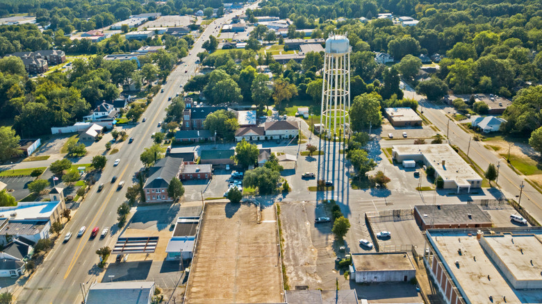 Aerial view of buildings and streets in downtown Camden, South Carolina