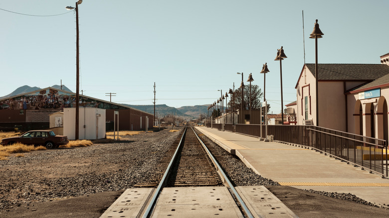 Railroad tracks leading out to the desert in Marathon, Texas