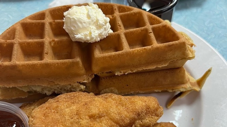 Plate of chicken and waffles at White Palace diner