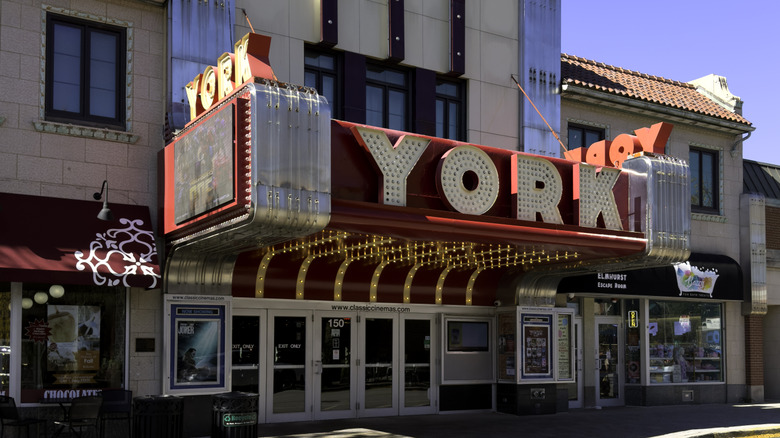 A view of the historic York Theatre on a bright day in Elmhurst, IL