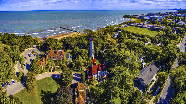 An aerial view of Evanston, IL with Lake Michigan in the background