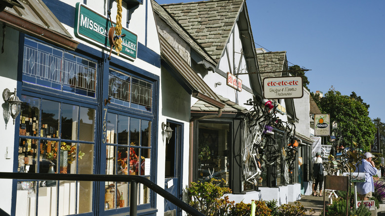 Downtown shops in Cambria, California, on a sunny day