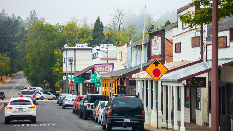 Downtown Julian, California, on a misty and overcast day