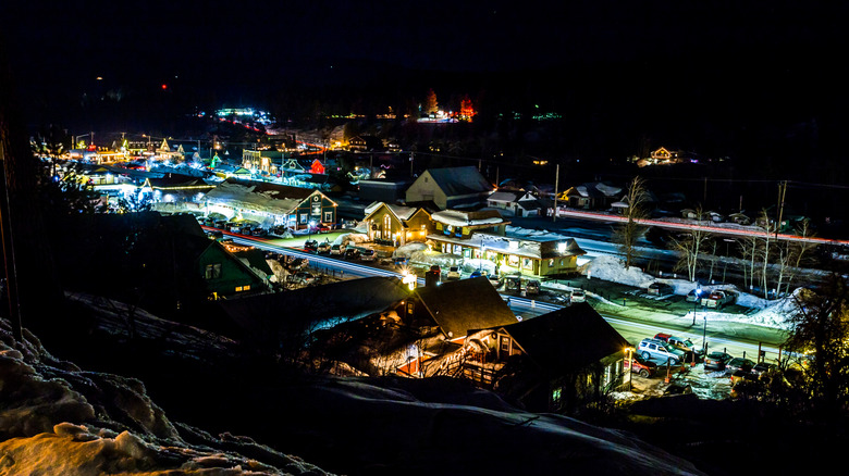 Downtown Truckee, California, lit up on a winter's night