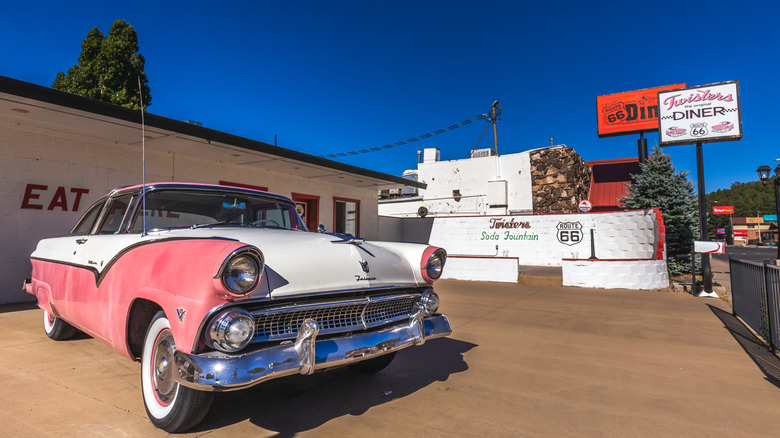 Classic car in front of Goldie's Diner in Williams, AZ