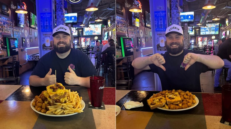 Someone trying the Swanky's Challenge dish with tater tots, fries, and a grilled cheese