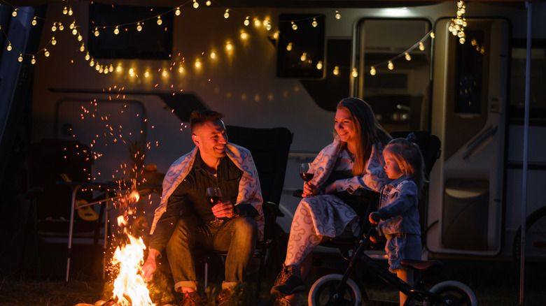 Lights hung up outside an RV
