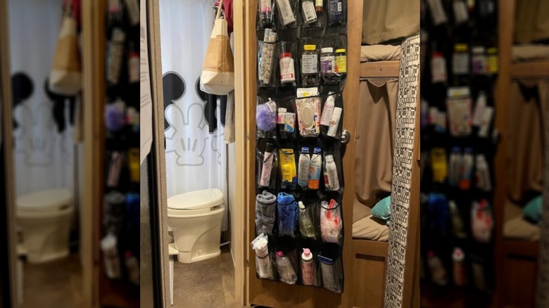 Hanging shoe organizer used as bathroom storage in an RV