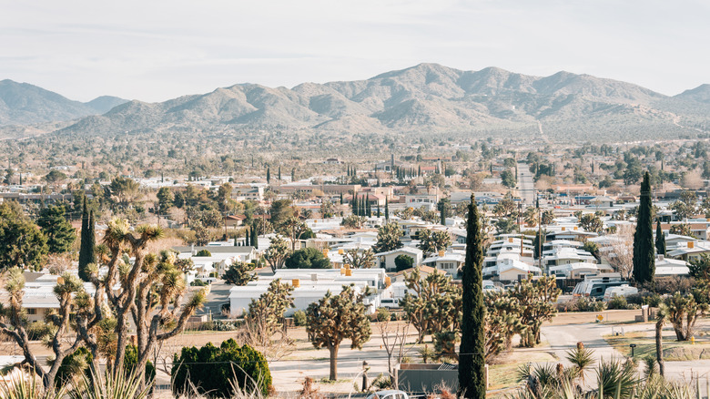 Wide view of the desert town of Yucca Valley, California