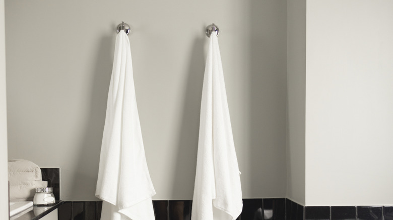 Towels hanging from hooks in a bathroom