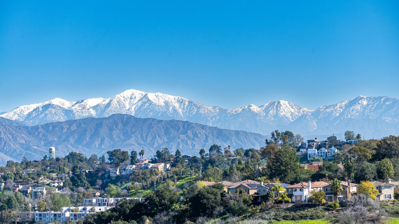 Snow-capped Mount Baldy on a sunny day with the city in the foreground