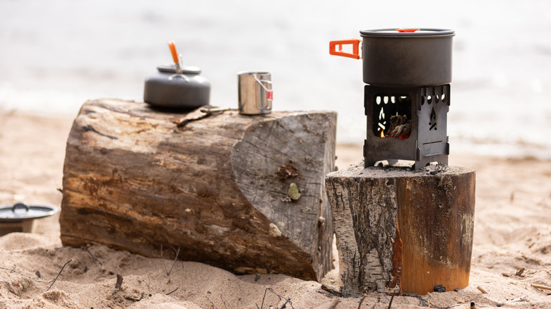 Camp cooking set on logs at the beach