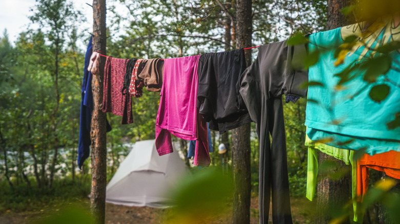 Clothes hanging on a line to dry at a campsite