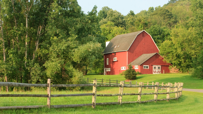 Rural landscape with a wooden fence, trees, and a red barn in Kent, Connecticut