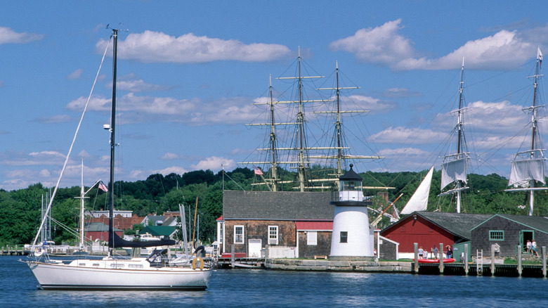 Houses and ships in the harbor at Mystic, Connecticut