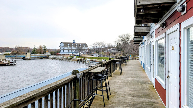 A long hotel balcony overlooking the river in South Haven