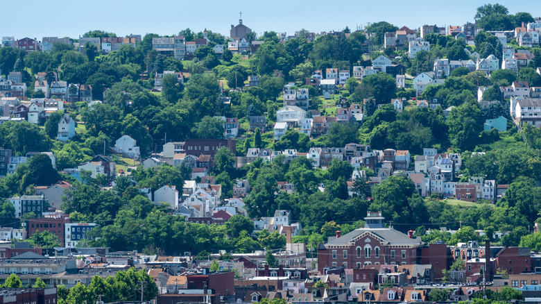 Houses stand in ranks along the South Side Slopes in Pittsburgh, Pennsylvania