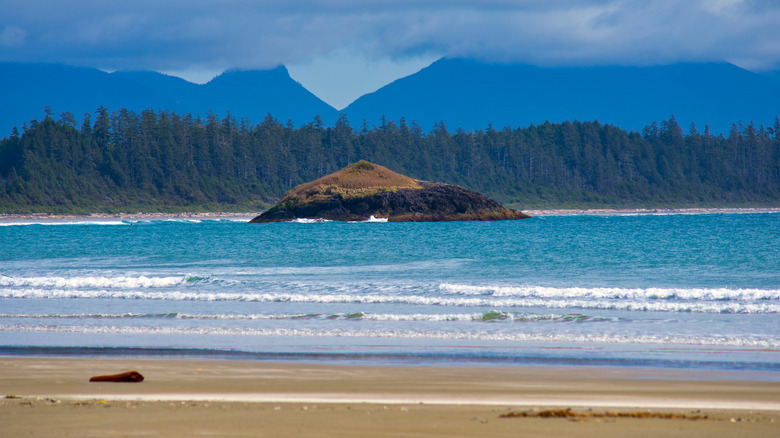 View out to the clear blue water from the shore on Long Beach, British Columbia, Canada