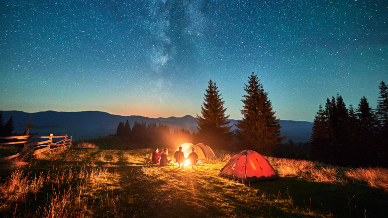 Stars loom over friends sitting around campfire