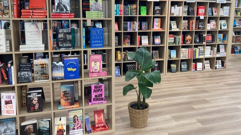 Cube-shaped book shelves hold stacks and rows of carefully organized books at East Village Book Shop in Sacramento, California.
